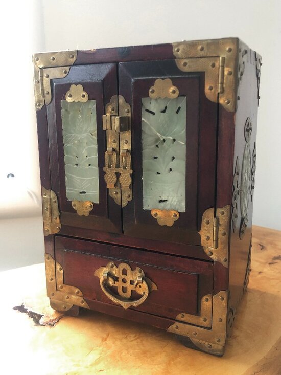 Jewelry - Vintage Chinese Rosewood Jewelry Cabinet with Jade Panels